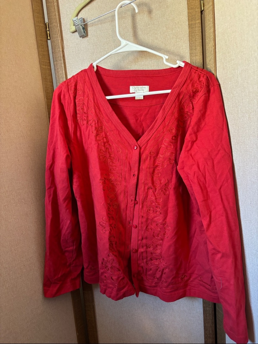 Christopher & Banks Red Button-Front Embroidered V-Neck Top XL